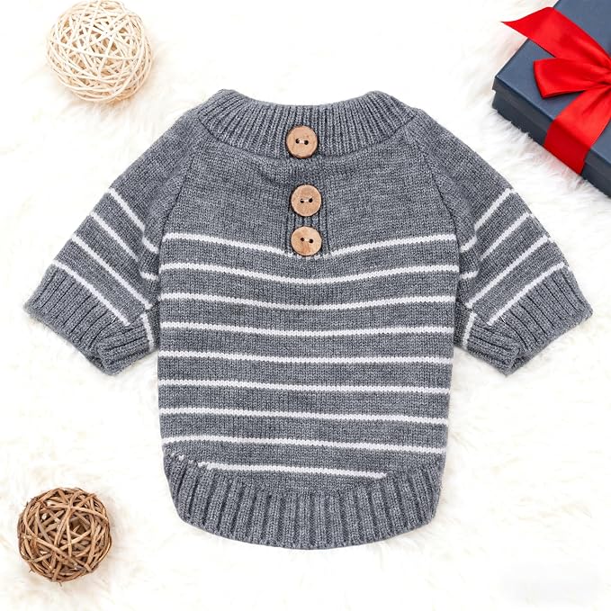 Dog Knitted Sweater with Wooden Buttons Cozy Pet Striped Winter Clothes - Image 5