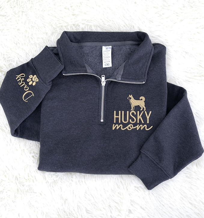 Personalized Husky Quarter Zip Sweatshirt – Custom Husky Dog Mom Hoodie – - Image 3
